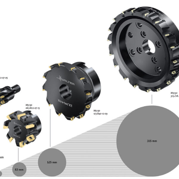 Gama de freze Walter Xtra-tec XT M5130, prezentând unelte așchietoare cu diametre variabile de la 25mm la 315mm, ideale pentru diverse aplicații industriale.