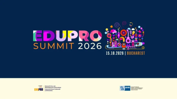 Afișul oficial al EduPro Summit #2, organizat de AHK România la JW Marriott București, un eveniment dedicat învățământului dual și ecosistemului de talent.