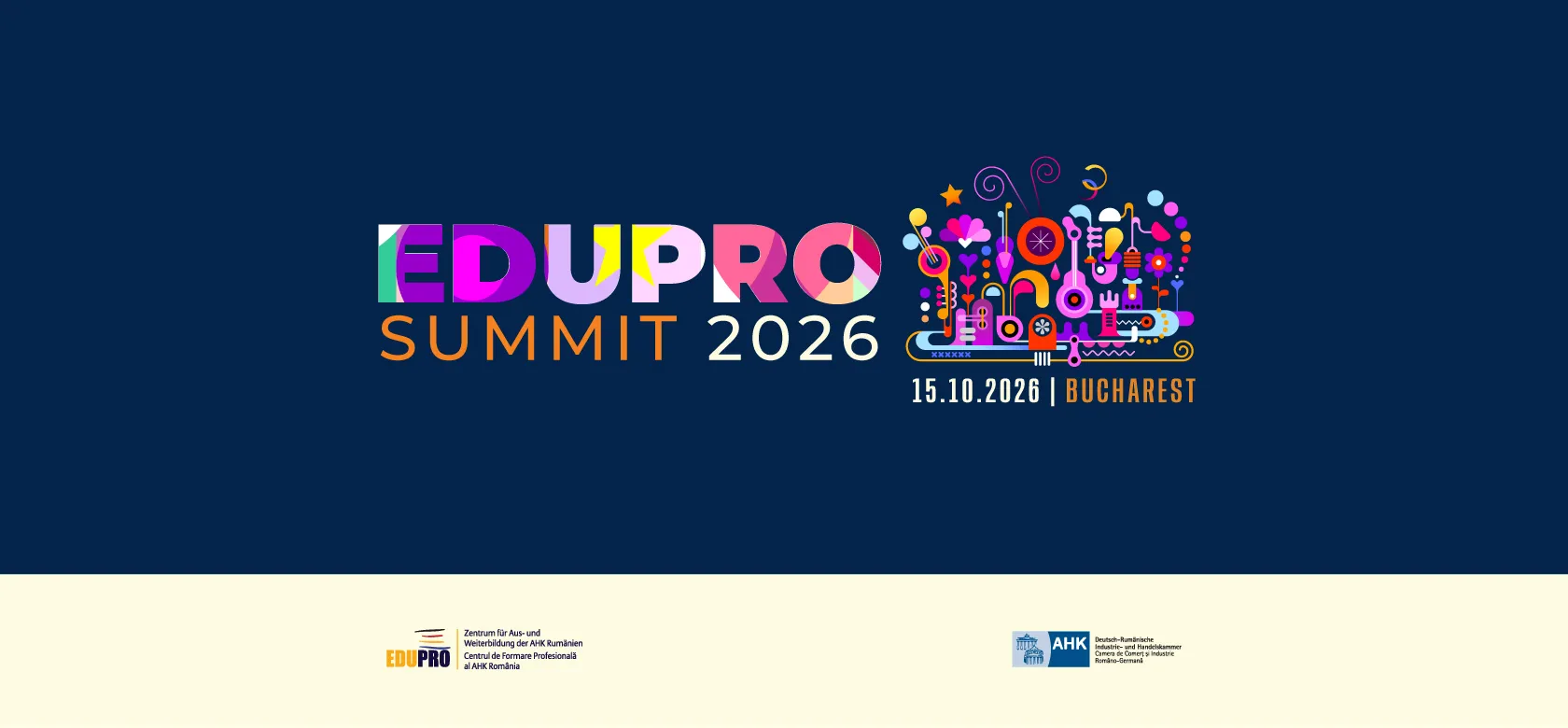 Afișul oficial al EduPro Summit #2, organizat de AHK România la JW Marriott București, un eveniment dedicat învățământului dual și ecosistemului de talent.
