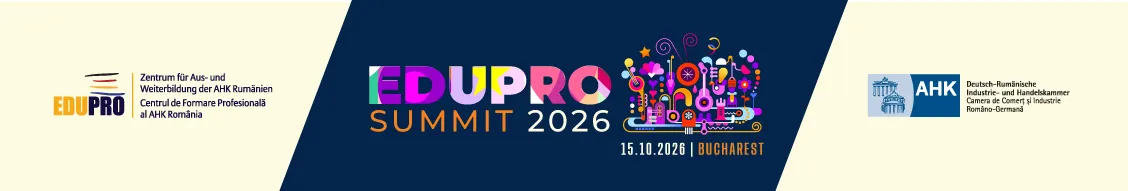 Afișul oficial al EduPro Summit #2, organizat de AHK România la JW Marriott București, un eveniment dedicat învățământului dual și ecosistemului de talent.
